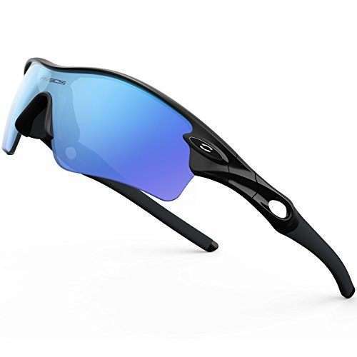 RIVBOS 805 Polarized Sports Sunglasses Glasses with 5 Set Interchangeable Lenses for Cycling Black ice Blue Lens